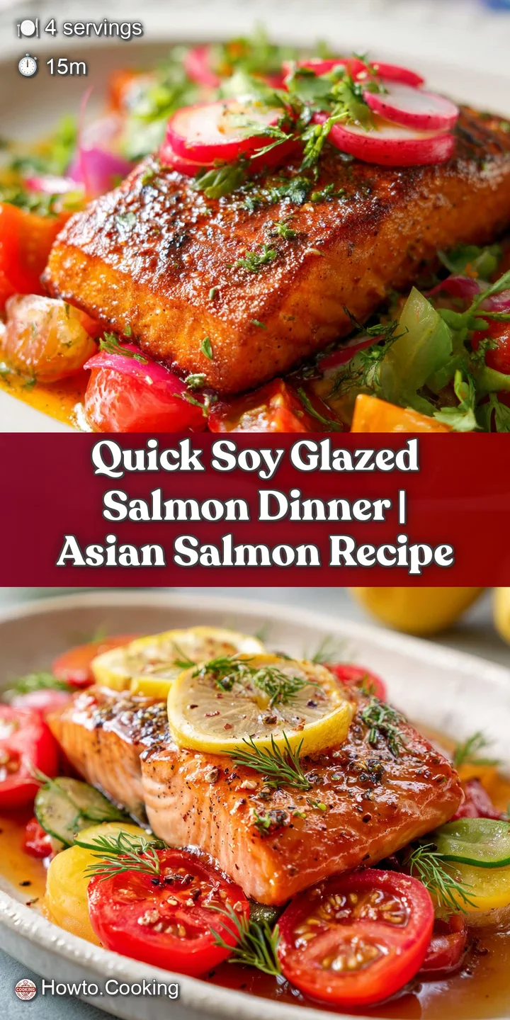 Up-close, juicy salmon glistening in a soy-based sauce. The flaky texture of the fish is visible, dotted with fresh green ...