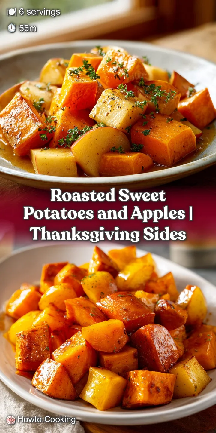 Close-up showing caramelized edges of roasted sweet potatoes and apples, glistening with natural juices and vibrant color.
