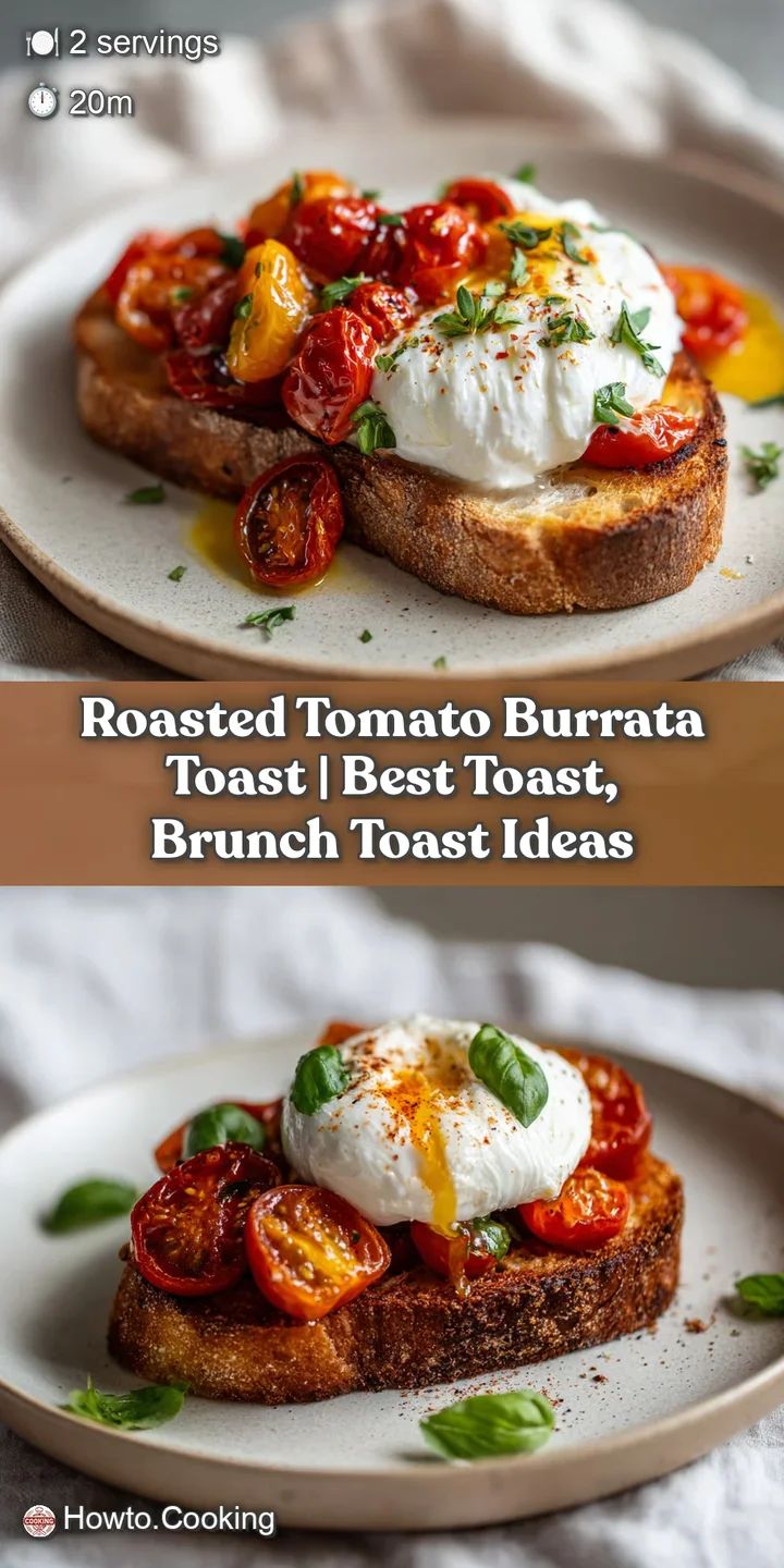 Meltingly soft burrata stretches over juicy roasted cherry tomatoes on rustic toast