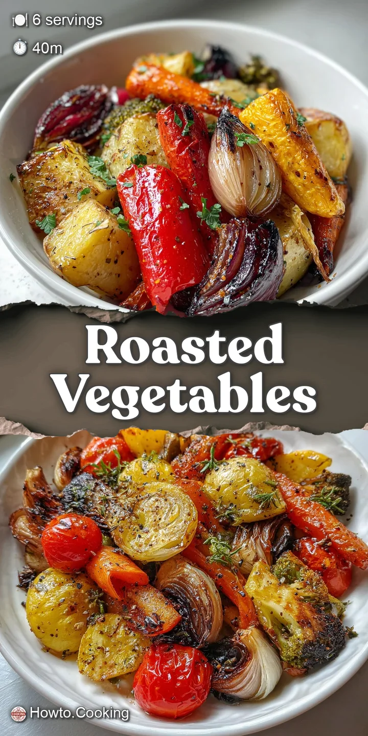 Close-up shows caramelized, slightly charred roasted veggies with vibrant colors and varied textures&mdash;wrinkled skins, firm ...