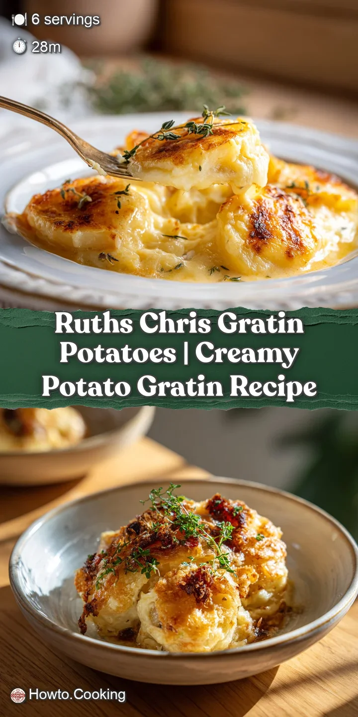 Close-up of creamy gratin potatoes with a crispy, cheesy crust and visible layers of tender potato.