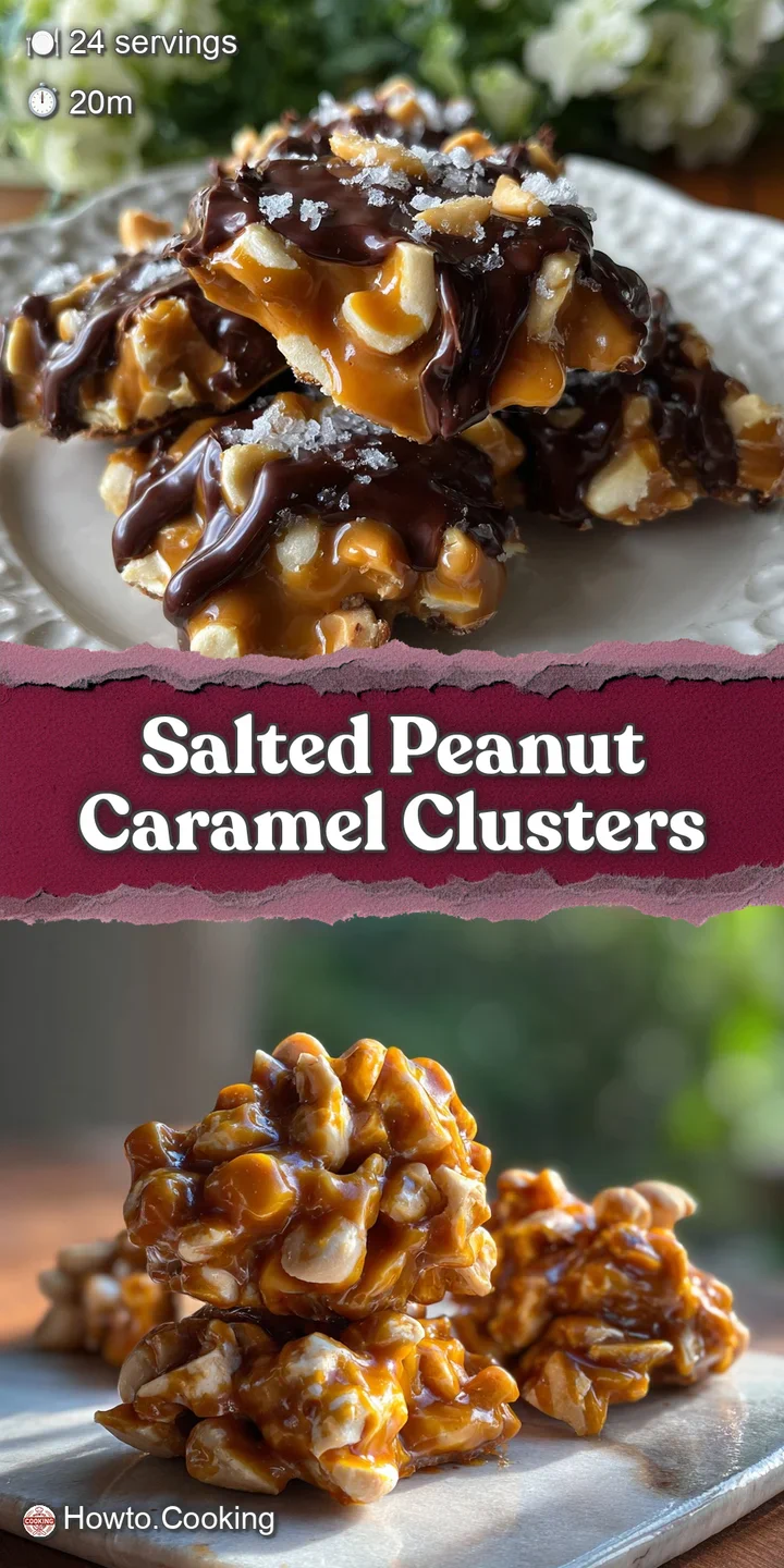 Close-up shows a glistening, bumpy surface of caramel and peanut cluster, catching the light, highlighting texture.