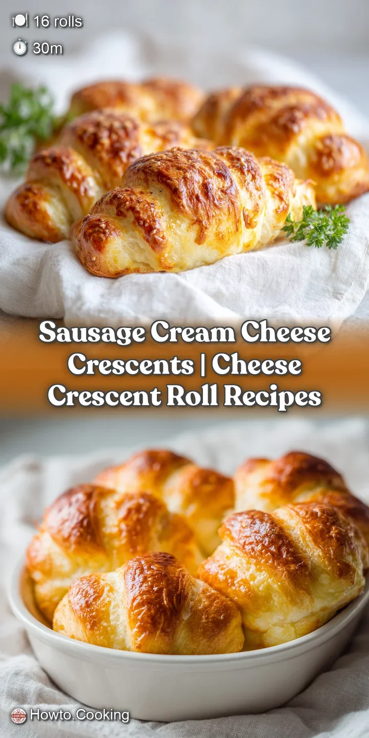 Close-up of a crescent roll, its golden, flaky layers revealing a warm, melted cream cheese and sausage filling.