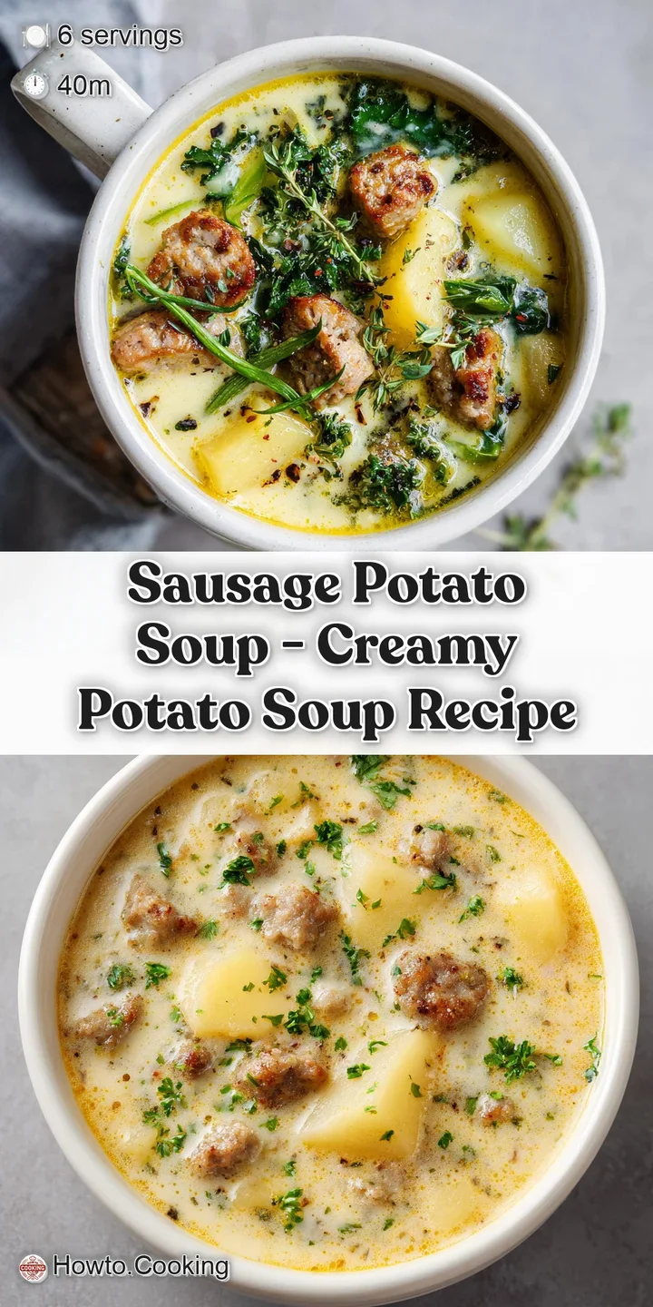 Close-up of steaming sausage potato soup, showing the rich broth, tender potatoes, and flavorful sausage. A comforting, de...