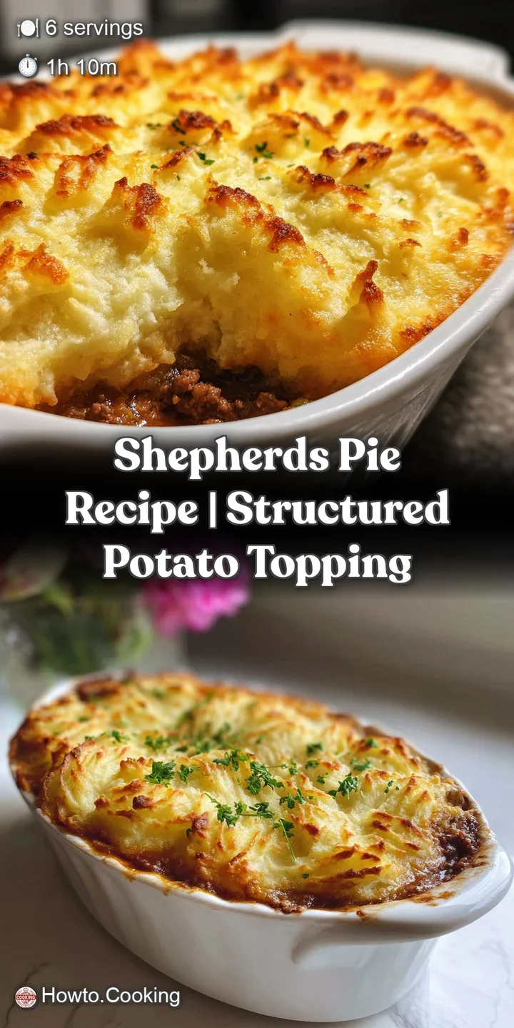 Close-up of a shepherd's pie showing a warm, savory filling peeking through a crust of golden, lightly crisped mashed pota...