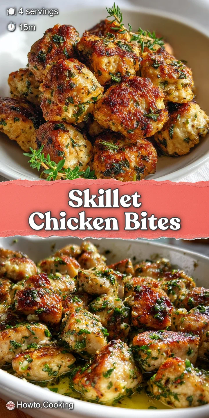 Close-up shows juicy chicken bites with crispy edges, coated in vibrant green herbs and visible bits of golden garlic.