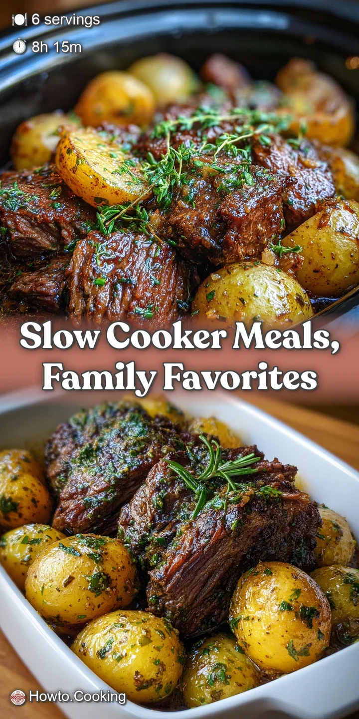 Close-up showcases a spoonful of tender beef and potato, glistening with savory sauce; steam suggests warmth and comfortin...