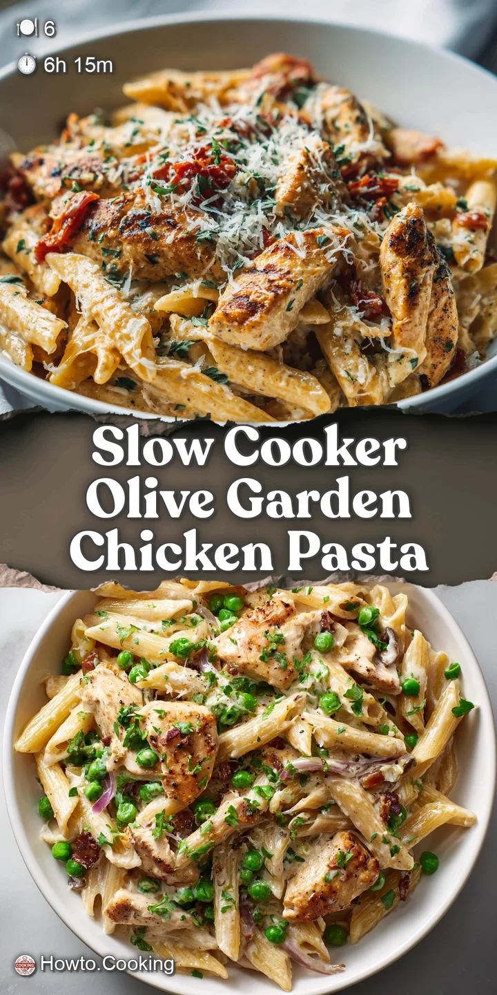 Close-up of glistening creamy pasta with tender shredded chicken, green parsley, and black olives; evokes comfort and warmth.