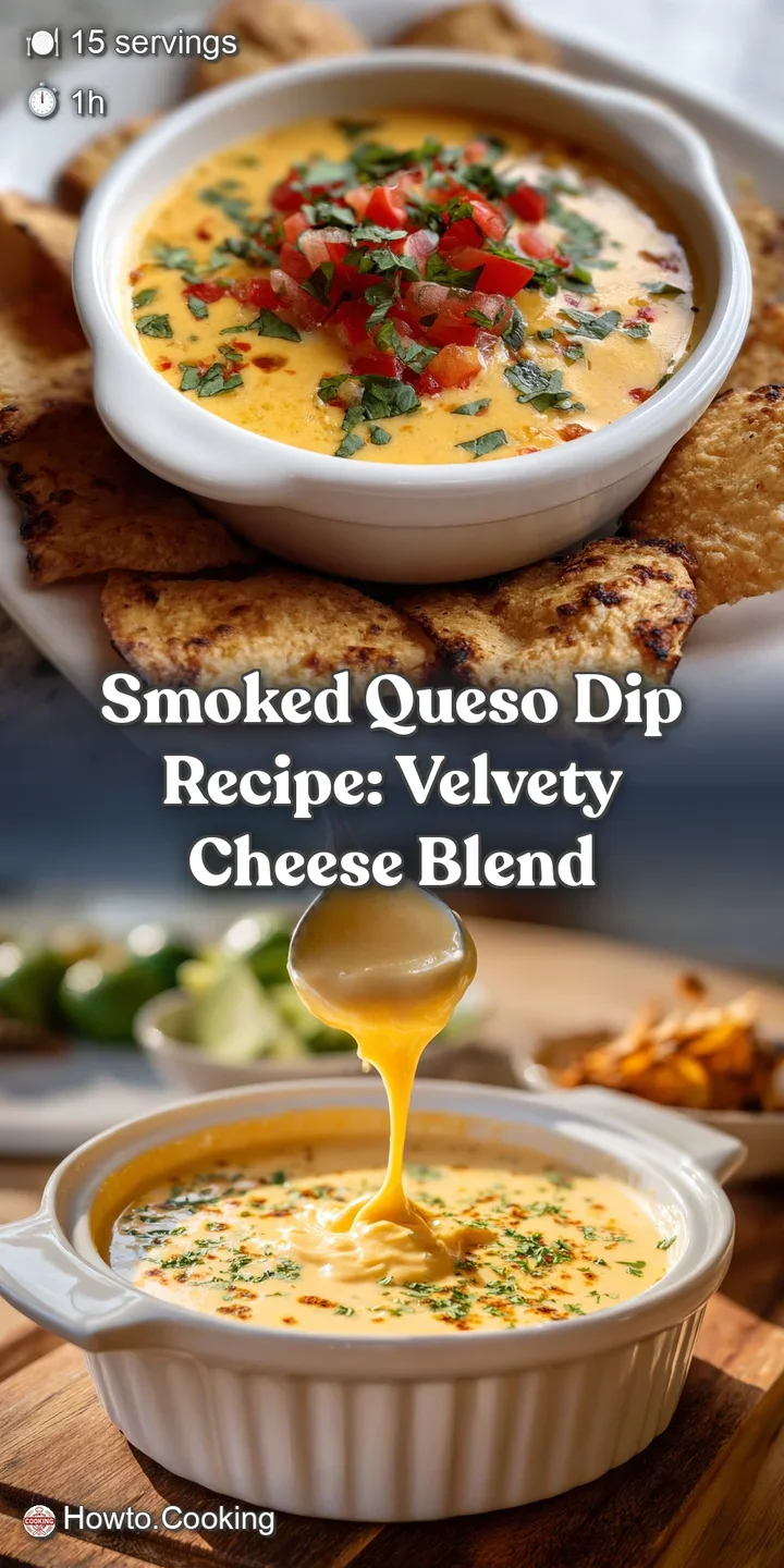 Close-up of warm, melted smoked queso, showing the creamy texture, flecks of herbs, and browned cheese crust. So inviting!