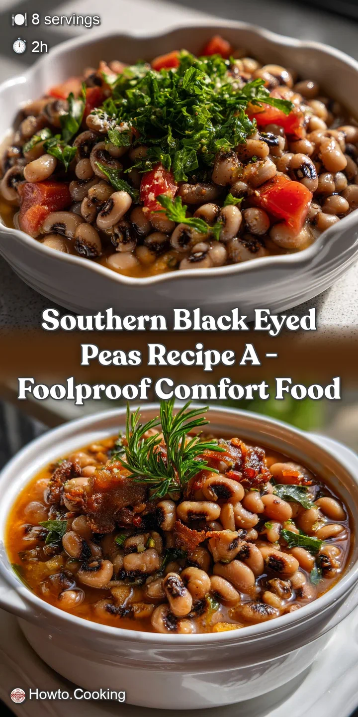 Close-up of steaming black-eyed peas, revealing a rich, velvety texture and glistening broth, with visible spices and invi...