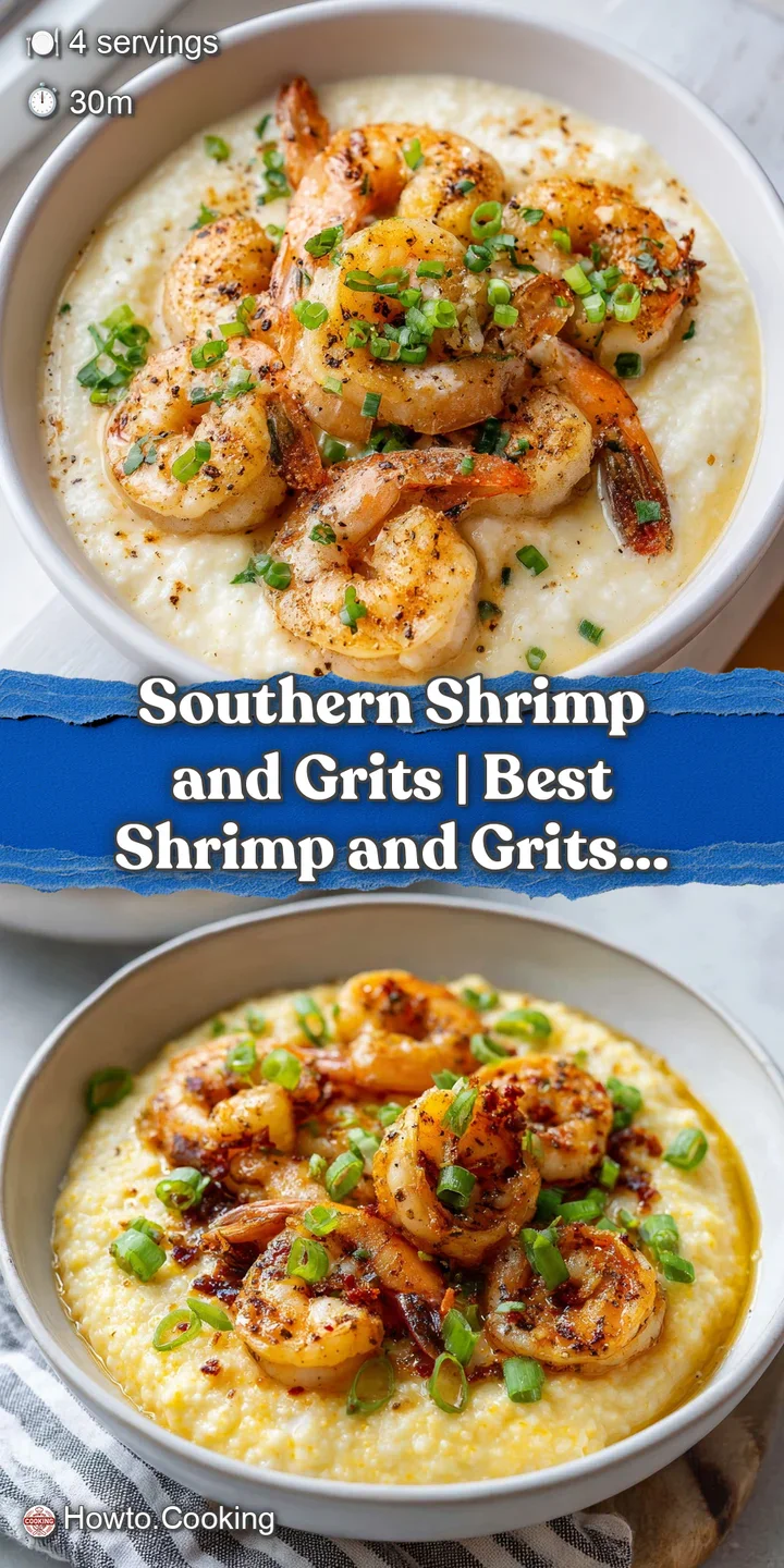 Close-up of tender, pink shrimp nestled in a rich, smooth bed of pale yellow, cheesy grits.