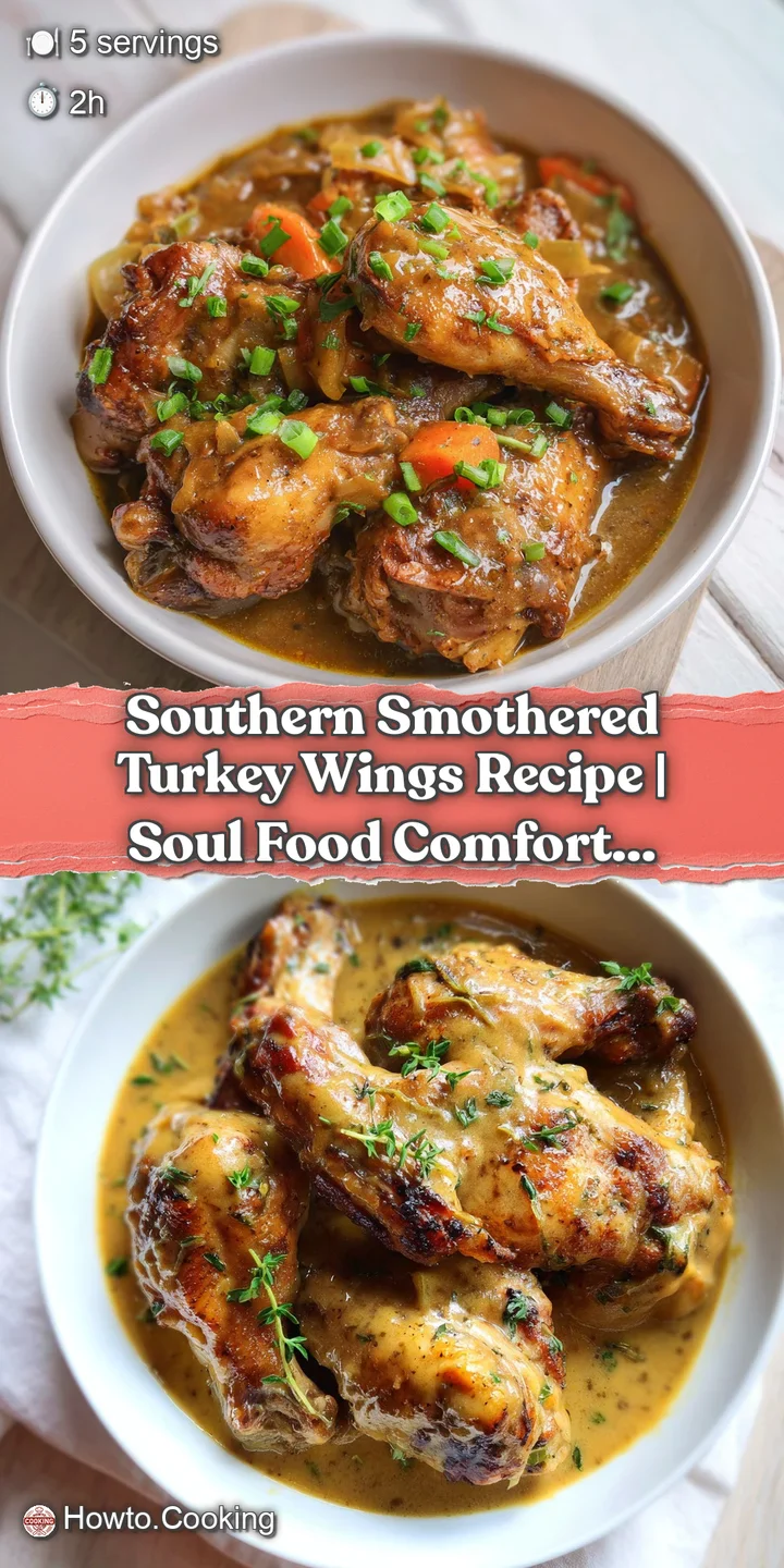 Close-up of glistening, fall-off-the-bone turkey wings smothered in a thick, savory brown gravy, steam rising.