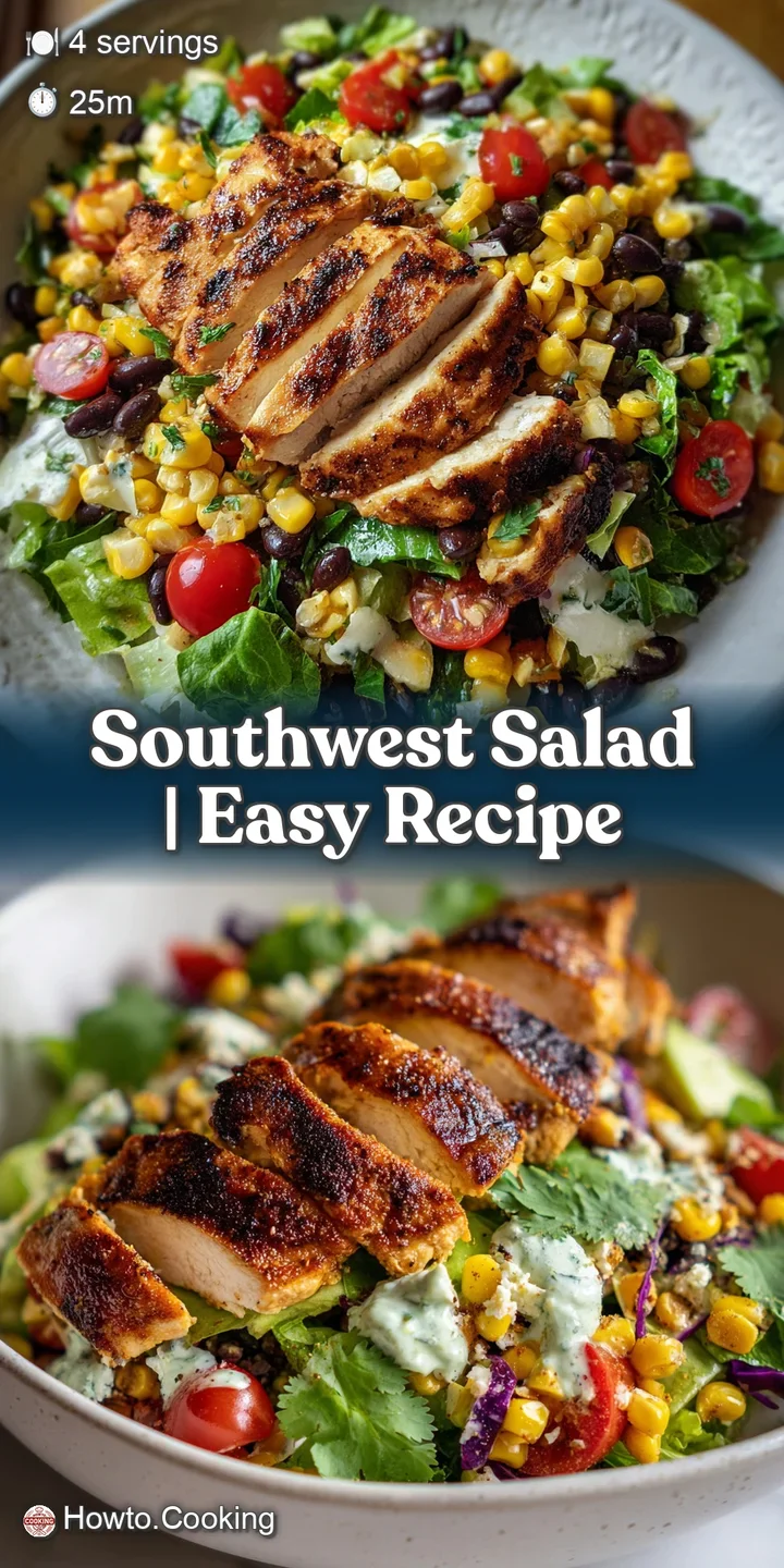 Close-up of a fresh Southwest salad: crisp lettuce, sweet corn, plump tomatoes, and creamy avocado glistening with light d...