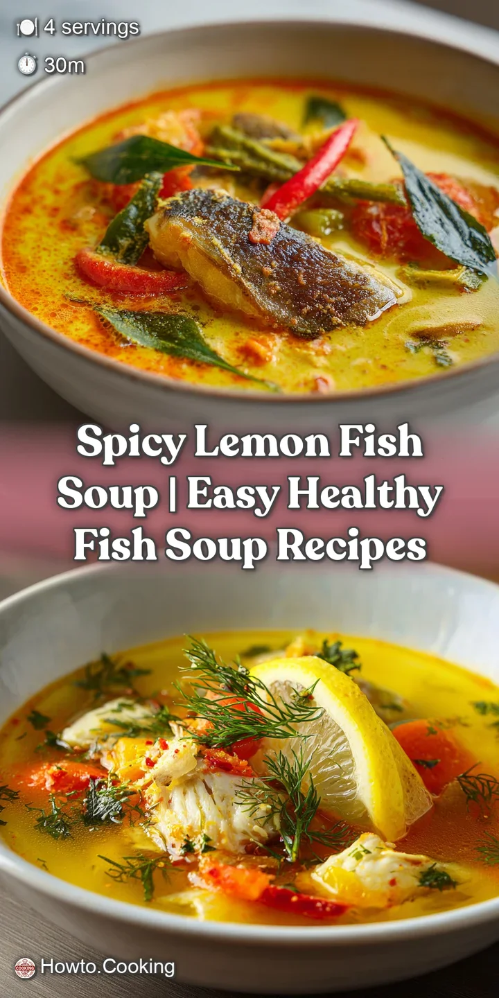 Close-up of flaky white fish swimming in a golden, aromatic broth with hints of chili flakes.