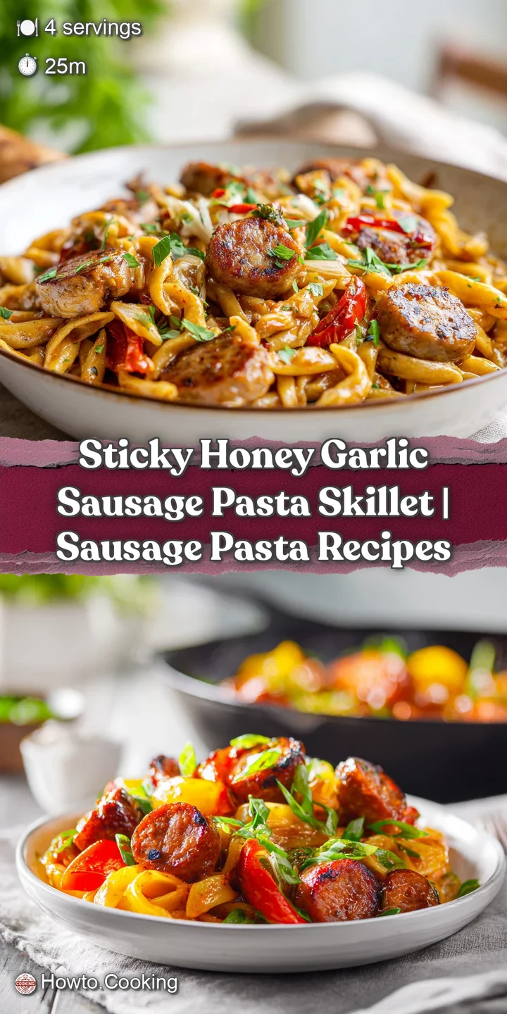 Close-up of perfectly cooked pasta with plump, glazed sausage chunks glistening under warm light.