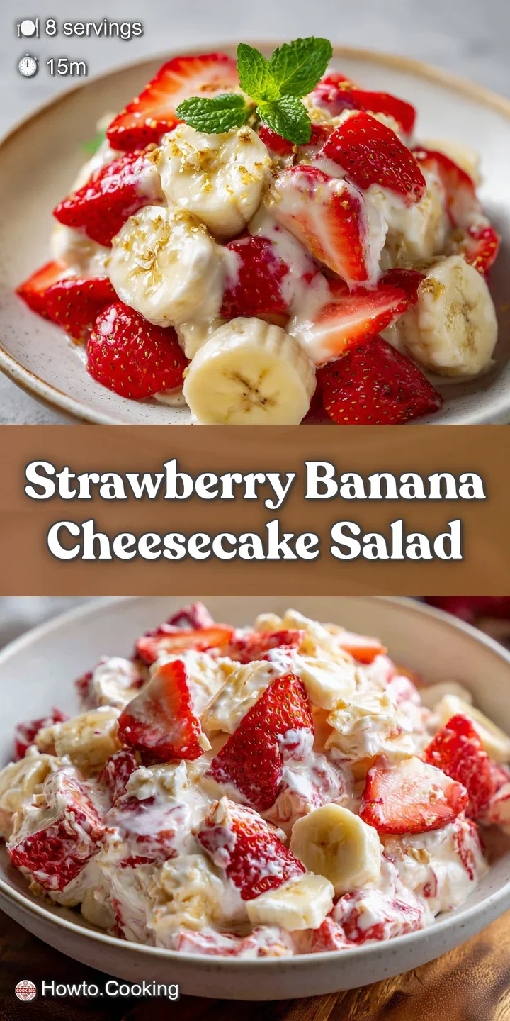 Close-up of a chilled strawberry banana cheesecake salad showcasing the juicy fruit and velvety smooth texture, a tempting...