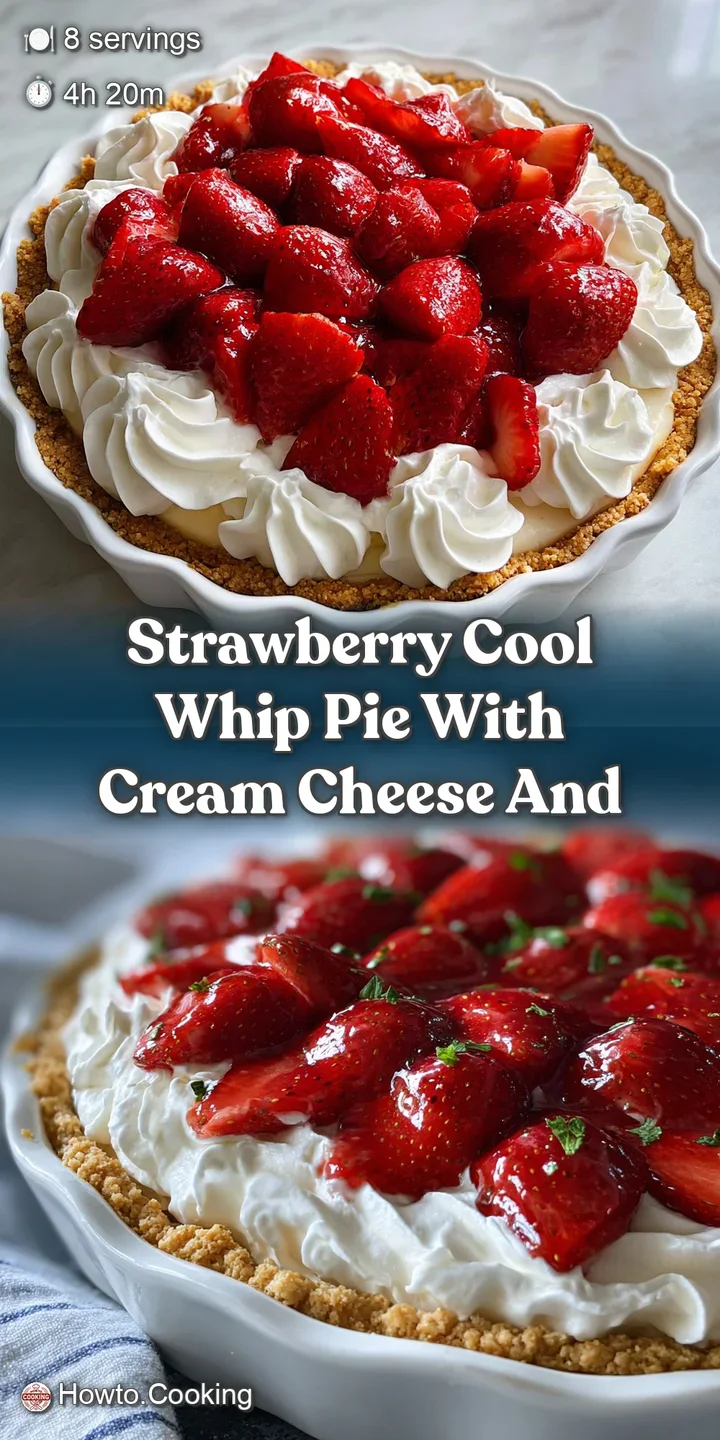 Close-up of a strawberry pie: Soft, fluffy whipped cream with a subtle pink hue sits atop a sweet graham cracker crust.