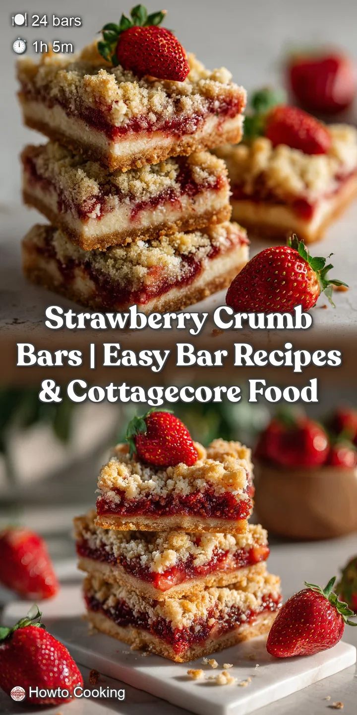 Close-up of a warm strawberry crumb bar with juicy fruit filling, textured oat topping, and a perfectly baked, golden-brow...