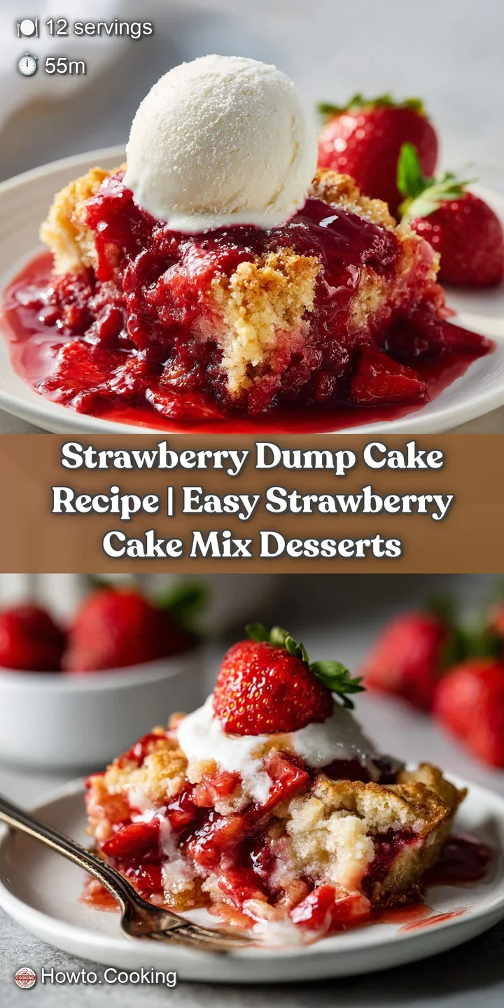 Close-up of glistening, baked strawberries under a sweet, buttery cake crumble, invitingly warm.