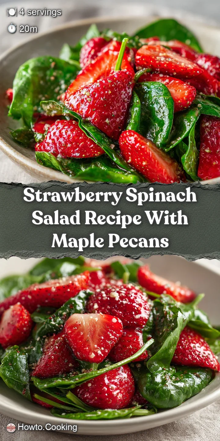 Close-up of a strawberry spinach salad showing the glistening strawberries, tender spinach and a light coating of creamy d...