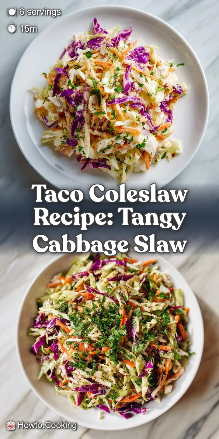 Close-up of creamy taco coleslaw: crunchy cabbage and peppers coated in zesty dressing, flecked with herbs.
