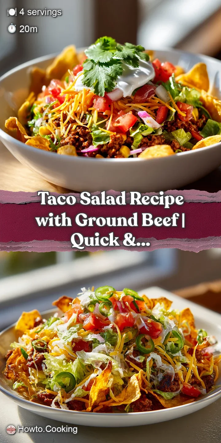 Close-up of a tempting taco salad with seasoned ground beef, melted cheese, and crisp lettuce, drizzled with a creamy, zes...