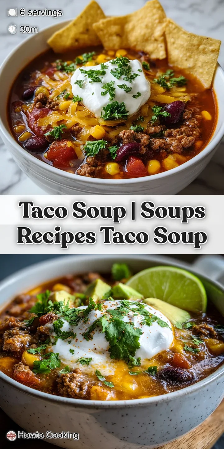 Steaming taco soup, a tempting close-up showcasing ground beef, beans, and corn simmered in a savory, spiced tomato broth.