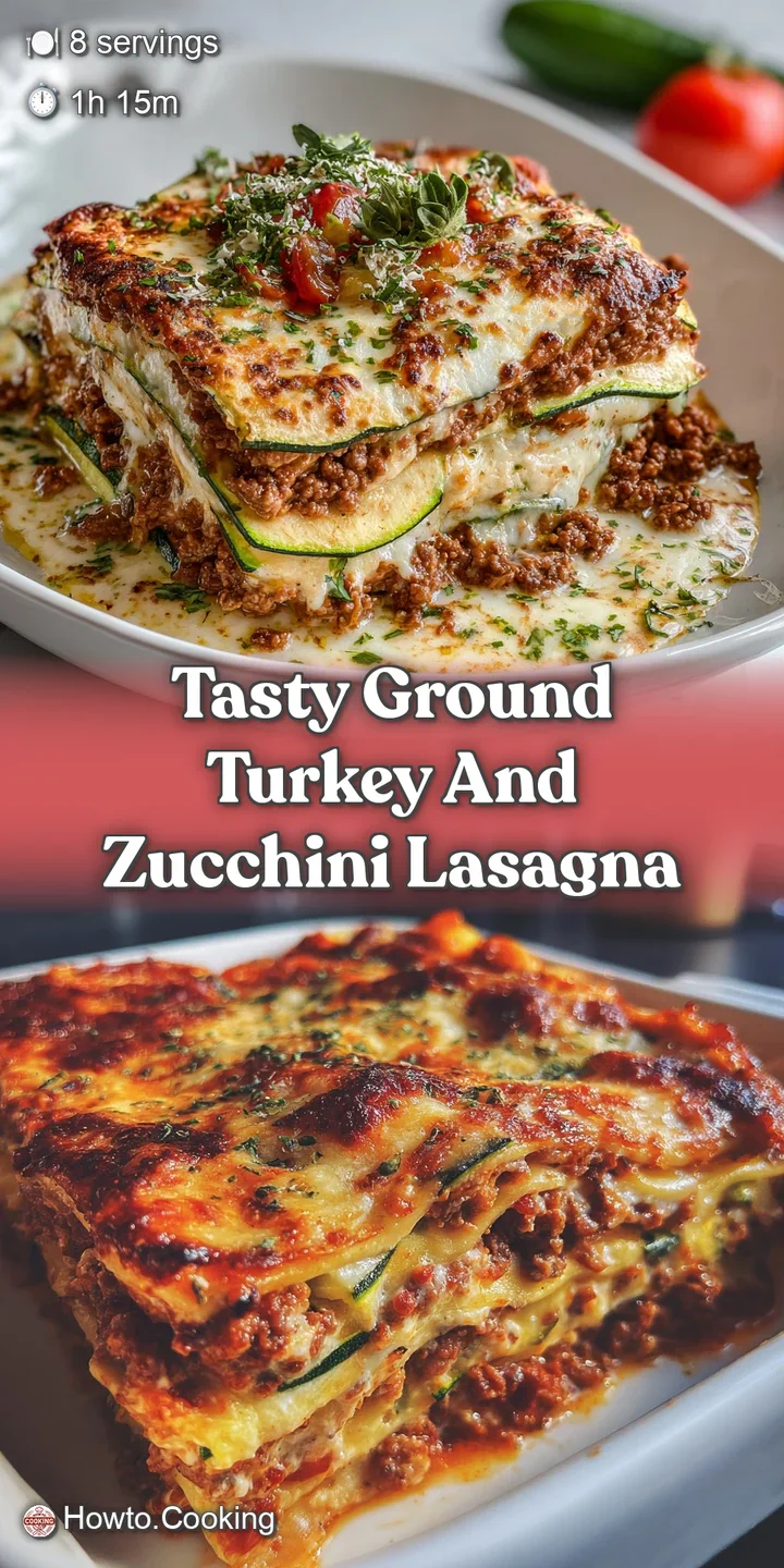 Close-up of bubbly, browned cheese on lasagna. Ground turkey, zucchini, and a creamy sauce create an irresistible, delicio...