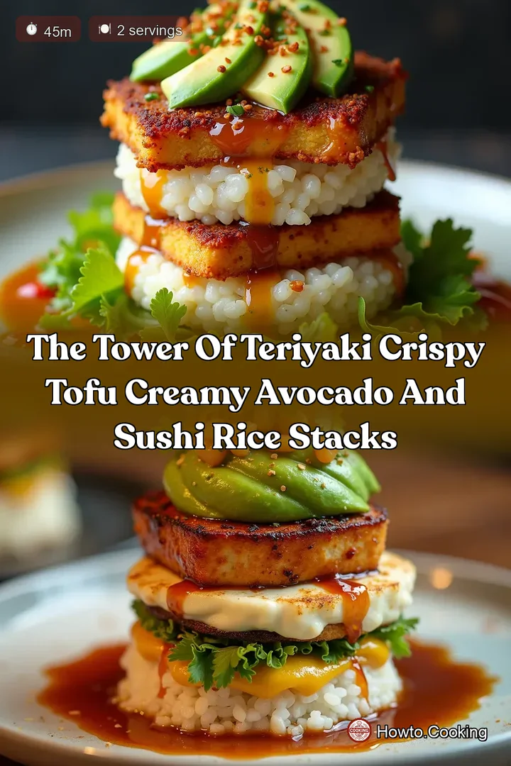 The Tower of Teriyaki Crispy Tofu Creamy Avocado and Sushi Rice Stacks