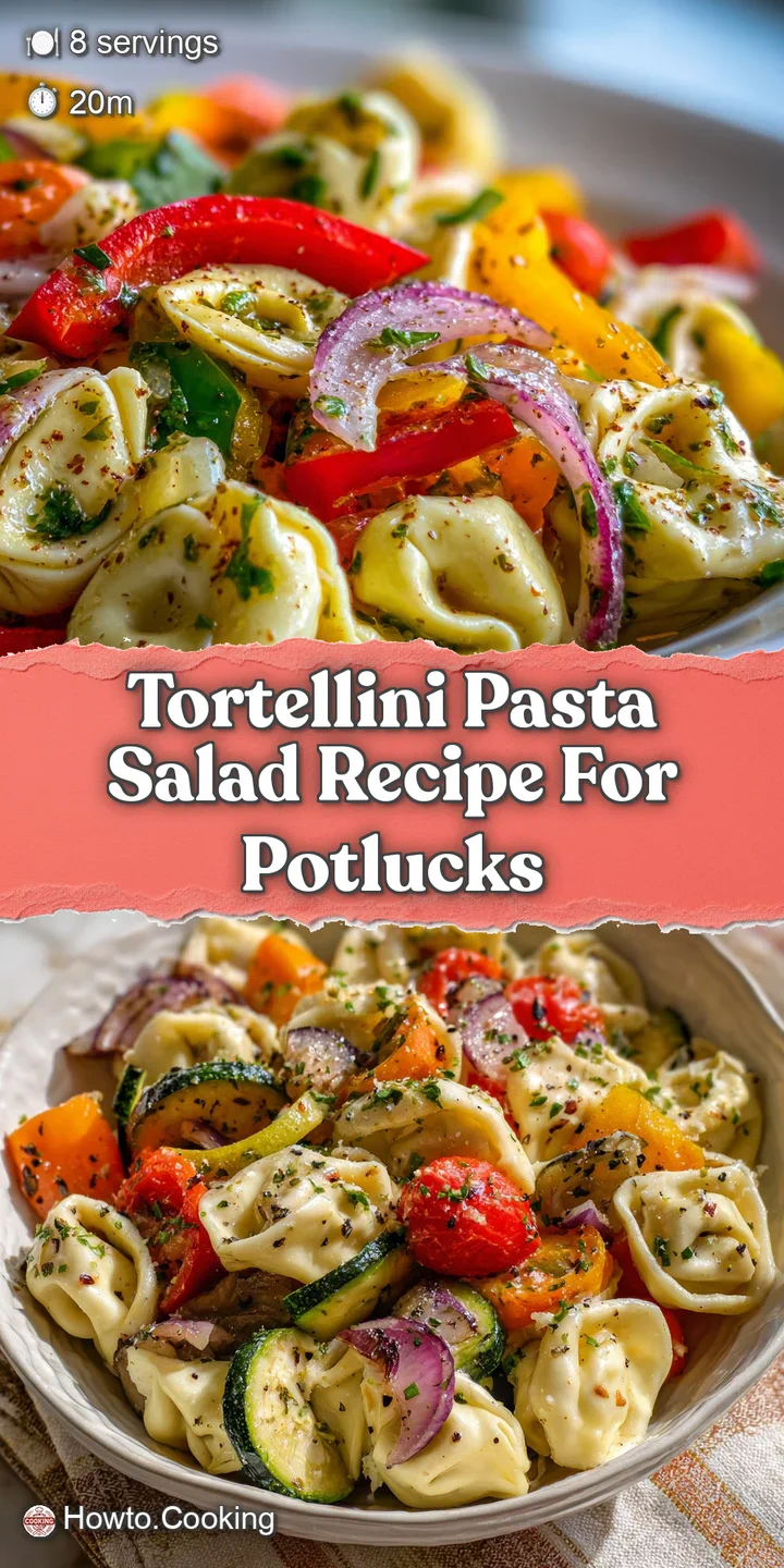 Close-up shot of a refreshing tortellini pasta salad, showcasing plump tortellini, glistening dressing, and vibrant vegeta...