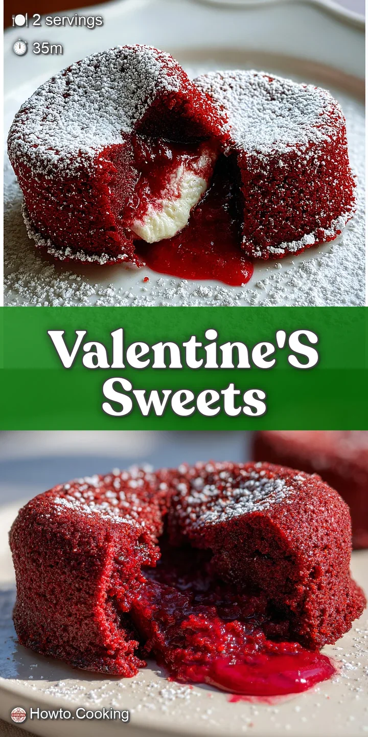 Close-up of a decadent red velvet cake slice with creamy white chocolate flowing out, hinting at warm, gooey goodness.