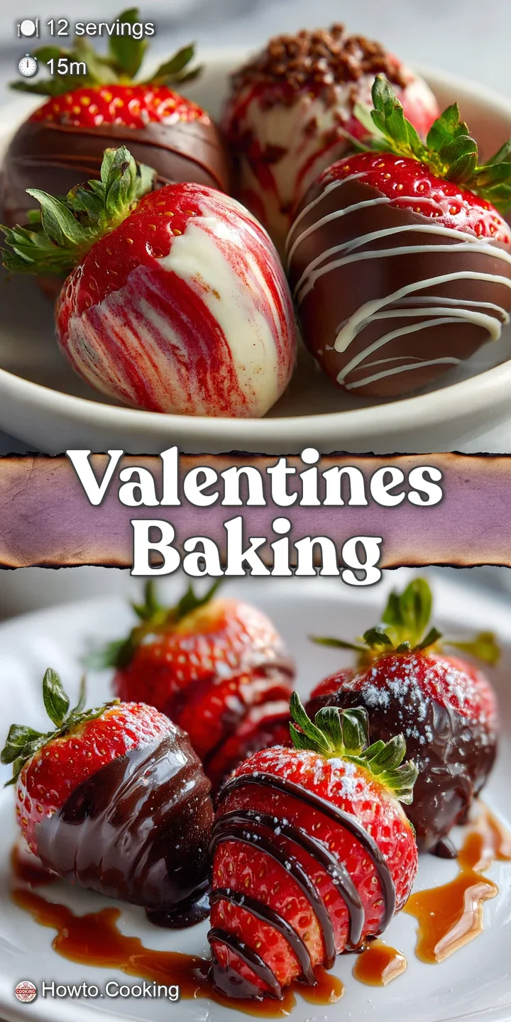 Close-up: glistening chocolate coated strawberries next to a delicate, golden-brown baked good. A tempting Valentine's Day...