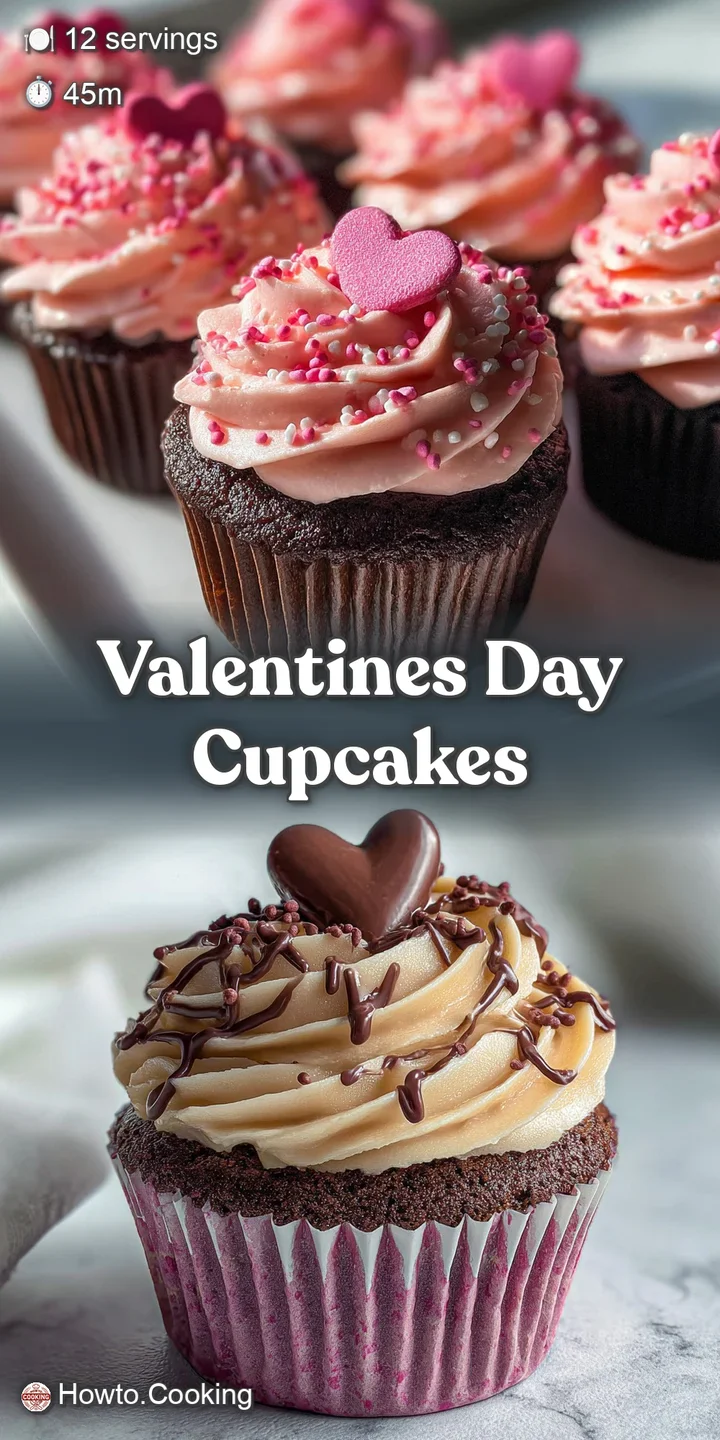Close-up of a decadent chocolate cupcake with silky champagne frosting and delicate heart sprinkles, a tempting Valentine'...