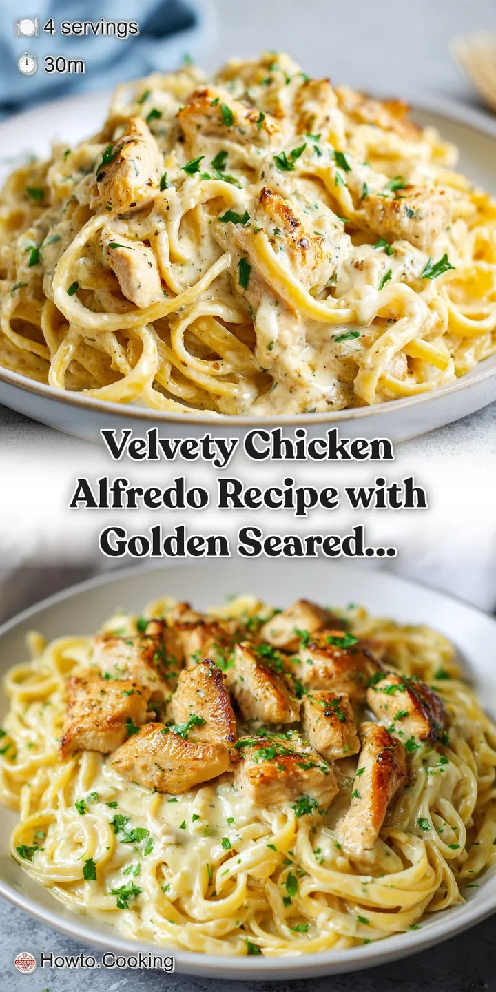 Close-up of steaming, creamy Alfredo with juicy chicken pieces, highlighting the sauce's rich texture and fresh herb garnish.