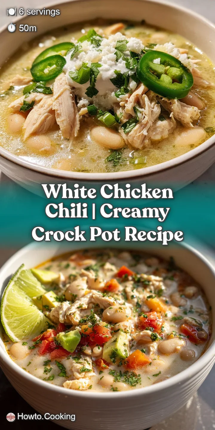 Close-up of rich, velvety white chicken chili. Tender chicken, plump beans, and a hint of chili oil glisten invitingly.