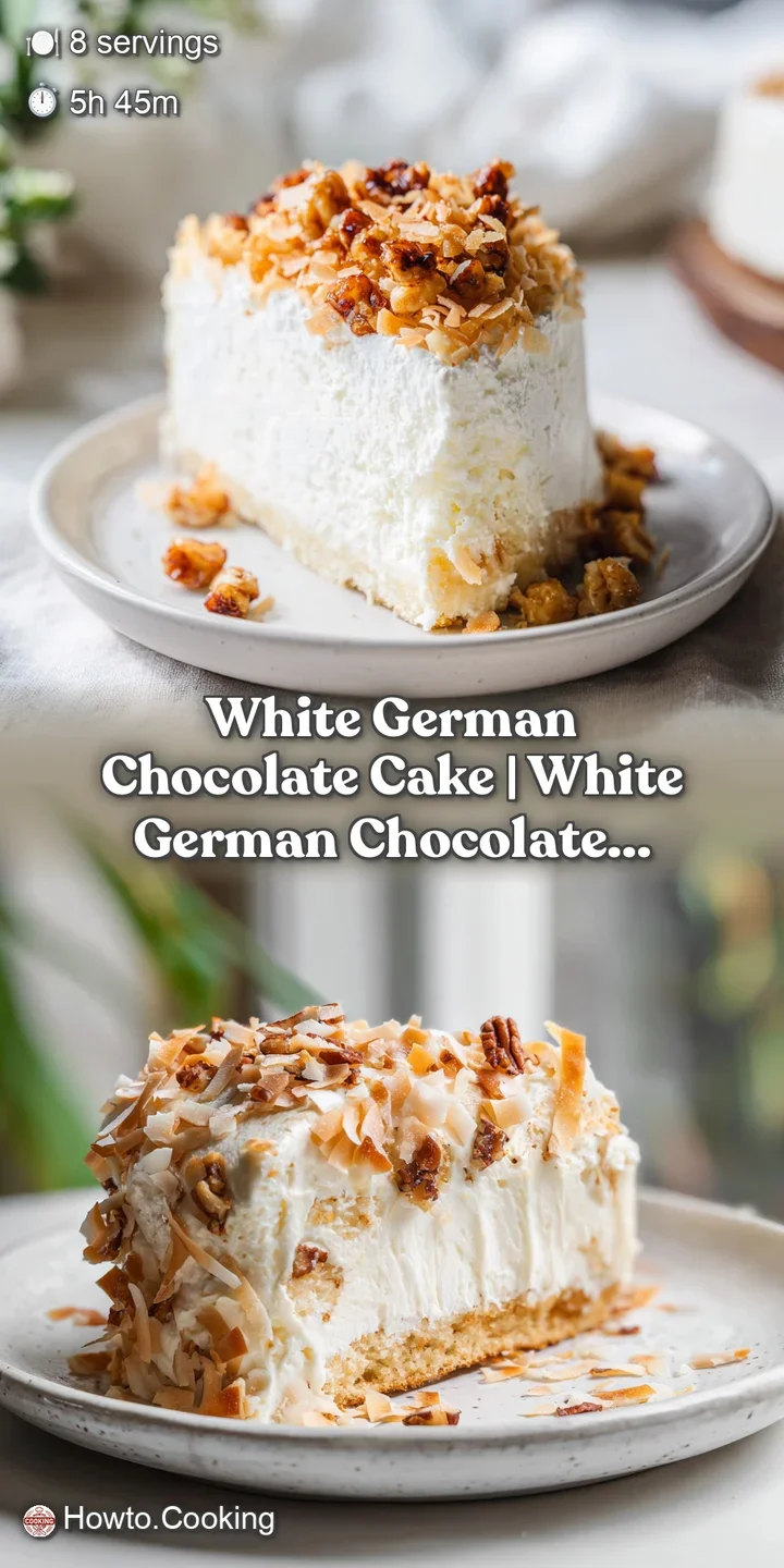 Macro shot of creamy white buttercream and a dense, golden toasted coconut layer with crunchy pecan pieces.