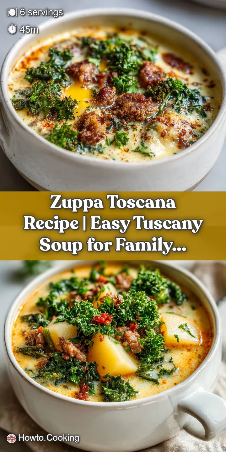 Close-up of rich, creamy Zuppa Toscana with tender kale, savory sausage, and fluffy potato pieces, a hint of steam rising.
