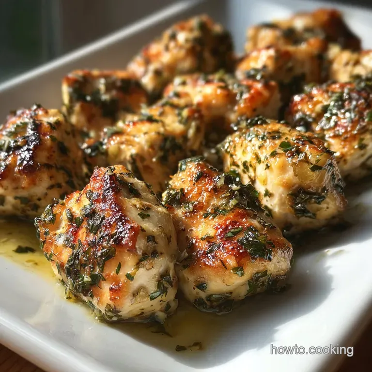 Perfectly arranged herbed chicken bites on a modern plate, garnished with fresh thyme sprigs and a drizzle of olive oil.