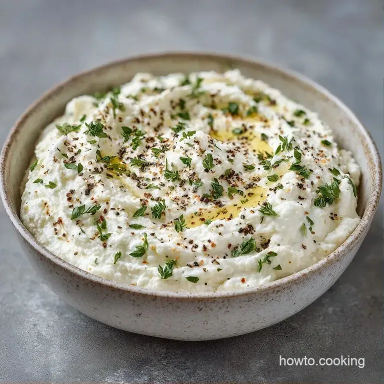 A smooth, creamy white dip in a rustic stoneware bowl garnished with olive oil and sprigs of fresh flat-leaf parsley.