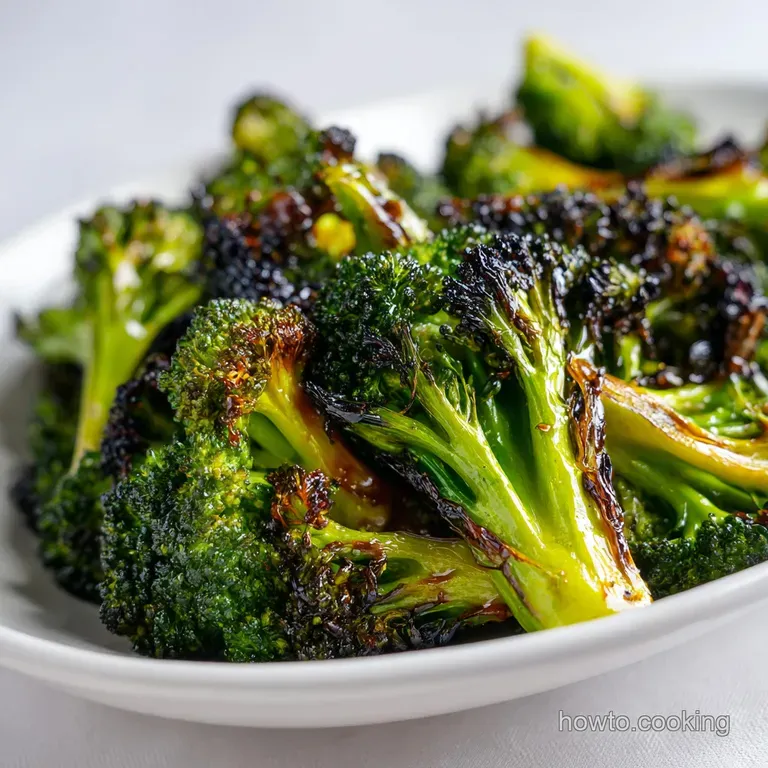 Charred emerald florets piled high on a matte black plate, garnished with toasted sesame seeds and chili flakes.