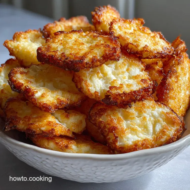 Neatly stacked cottage cheese chips on a white plate, showcasing the golden-brown color and crispy texture against a clean...