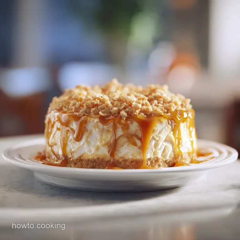 A slice of apple crisp cheesecake, showcasing creamy layers and a golden crumble topping, elegantly served.