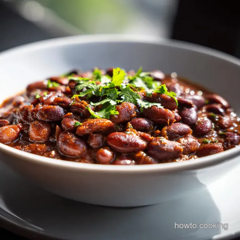 Bowl of charro beans with visible chunks of bacon, garnished with vibrant cilantro. Ladle suggests a spoonful of savory go...