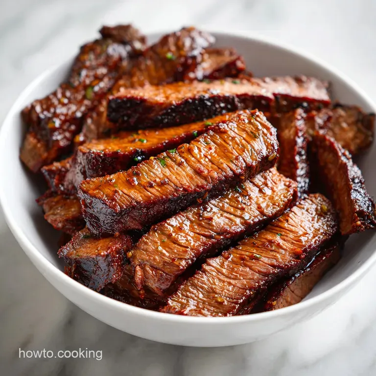 Charred steak strips neatly arranged with bright lime wedges and fresh cilantro on a sleek white ceramic plate.