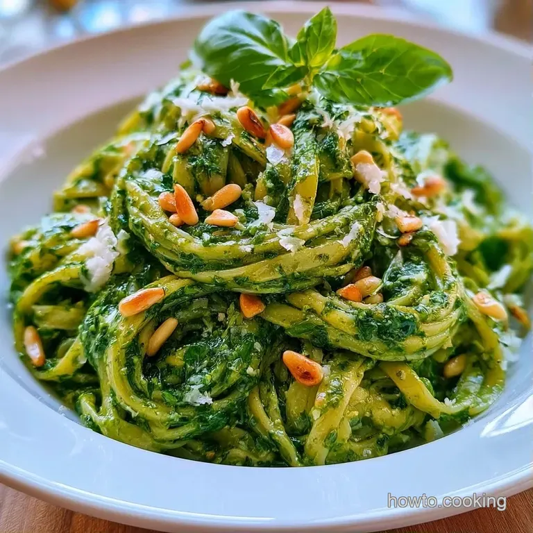 Twirled pasta in a white ceramic bowl, topped with a fresh basil leaf and a sprinkle of white parmesan cheese.