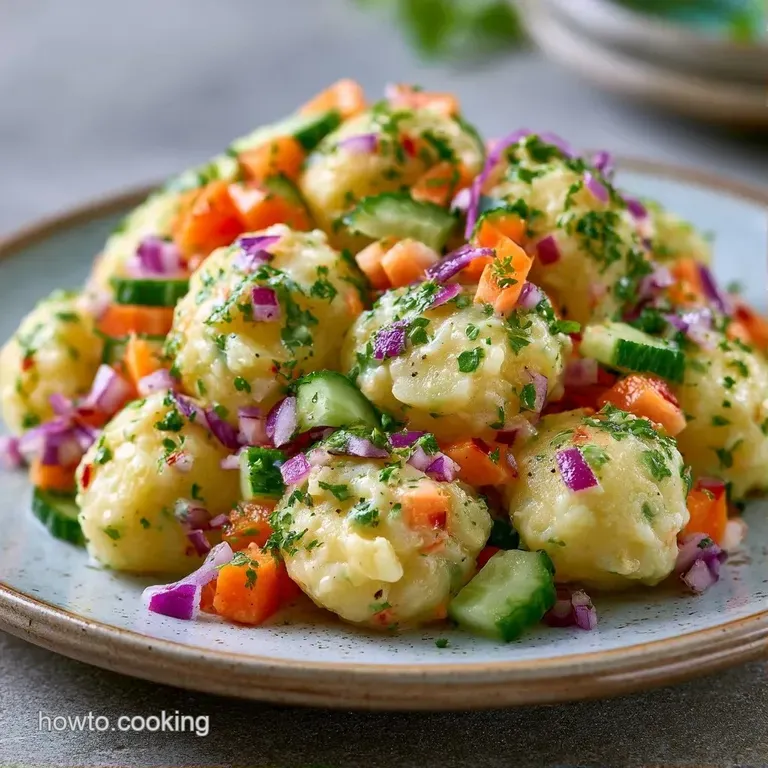 Artfully scooped creamy potato mixture with bright veggie bits, garnished with herbs on a modern white plate.