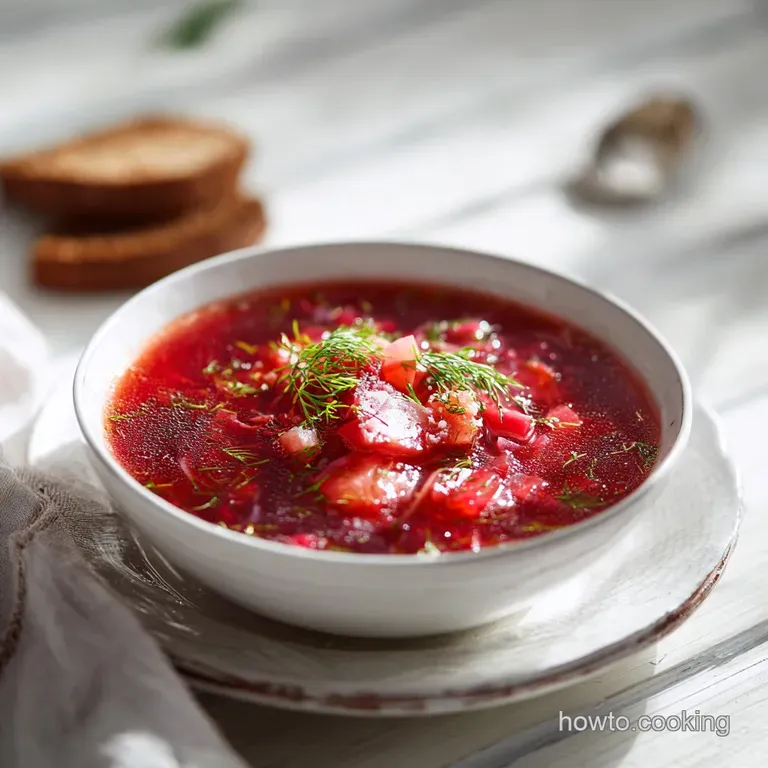 A rustic earthenware bowl filled with hearty beet soup, garnished with fresh dill and a swirl of cream.