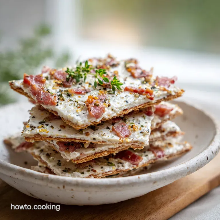 A single cracker, perfectly layered with white ranch dip and savory bacon bits, artfully arranged on a white plate.