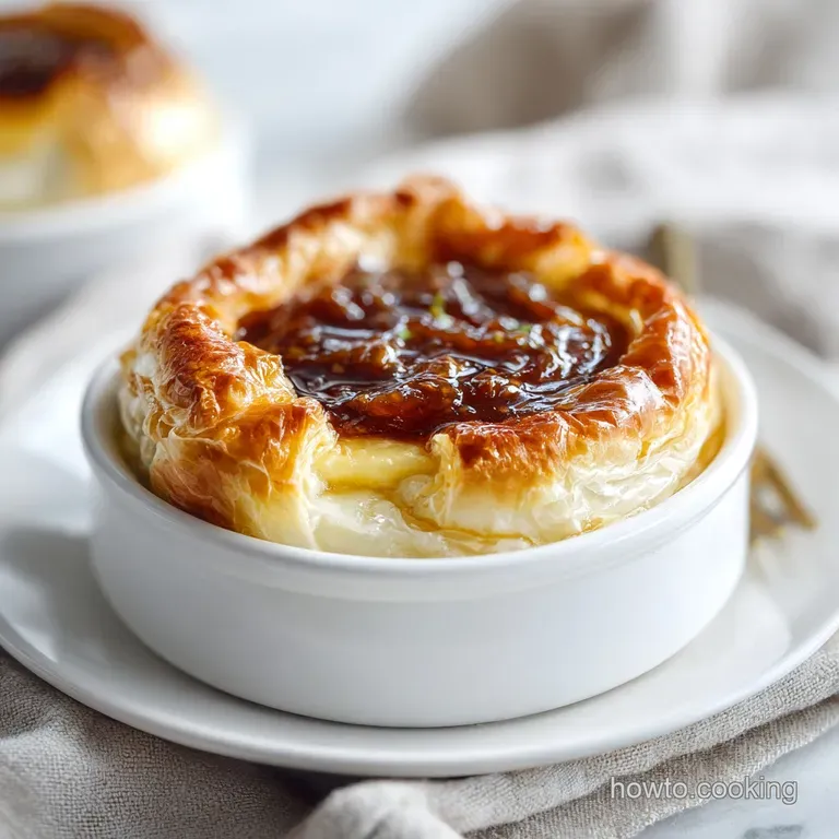 An elegant slice of baked brie in puff pastry, oozing with creamy cheese, garnished with herbs.