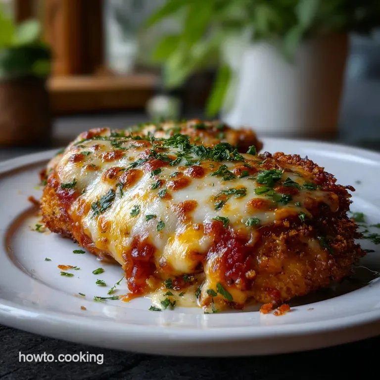 Chicken Parmesan beautifully arranged on a white plate. Vibrant red sauce, melted mozzarella, and fresh basil create an ap...
